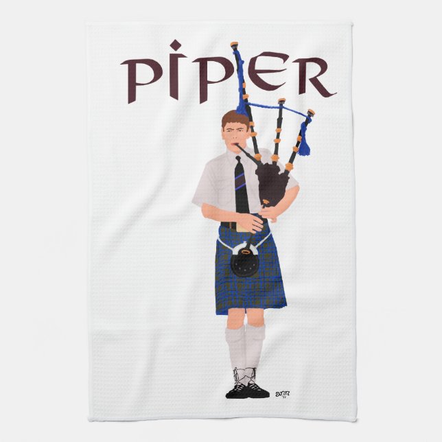 Dudelsackpfeifer - Blauer Kilt Geschirrtuch (Vertikal)