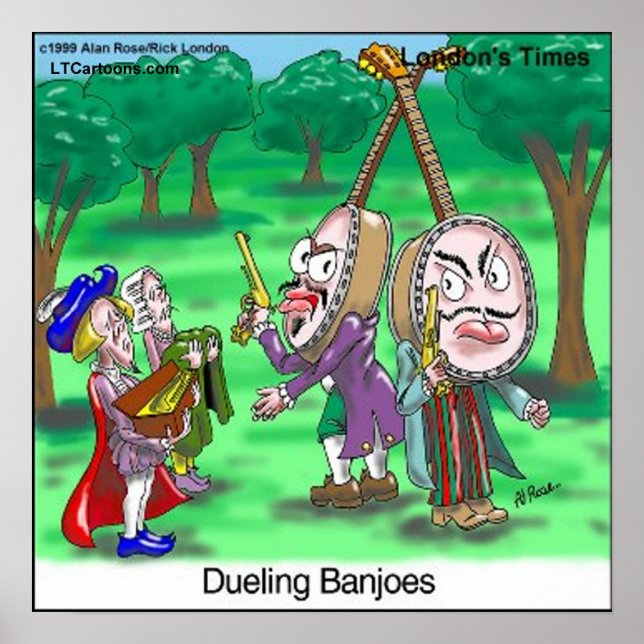 Dueling Banjoes Funny Cartoon Poster von Rick Lond (Vorne)