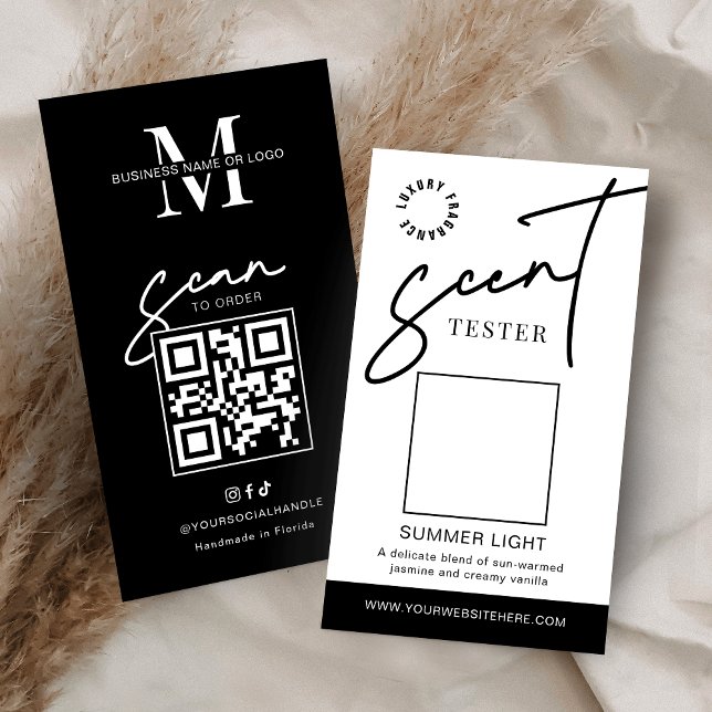 Duftproben-Testkarte Kerzen-Dufttester (Minimalist scent sample cards in black and white with space for your logo and QR code)