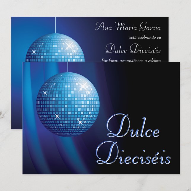 Dulce Dieciséis Disco Ball Azul Fiesta  Einladung (Vorne/Hinten)