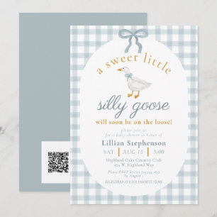 Dummer Gans Blaue Schleife Gingham Baby Shower QR  Einladung