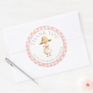 Dummer Gans Rosa Gingham Danke Baby Shower Runder Aufkleber