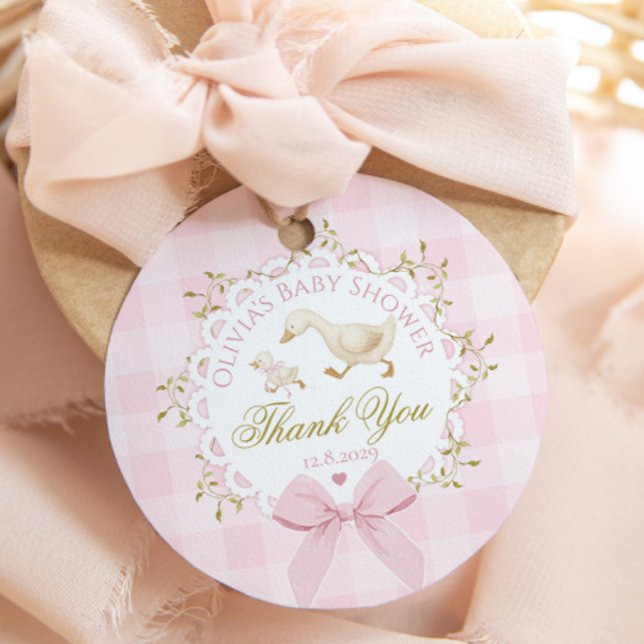 Dummer Gans Rosa Gingham-Schleife Baby Shower Dank Geschenkanhänger (Von Creator hochgeladen)