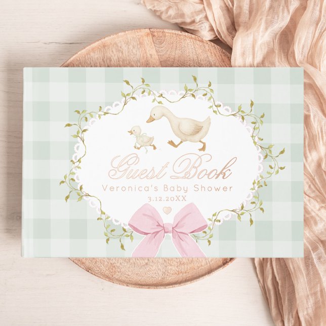 Dummer Gans-Sage-Rosa-Gingham-Baby-Party Gästebuch (Von Creator hochgeladen)