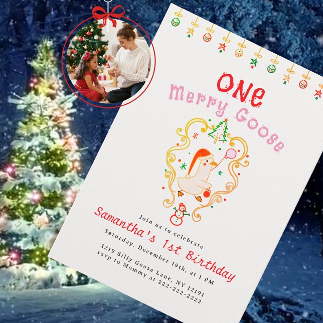 Dummer Gans Weihnachten Geburtstagsfeier Einladung (Holiday invitation cute illustrated goose in a Santa hat holding a balloon, festive Christmas decor)