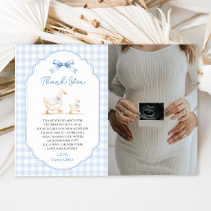 Dummer Gänseblauer Gingham-Enten-Baby-Party-Foto Dankeskarte