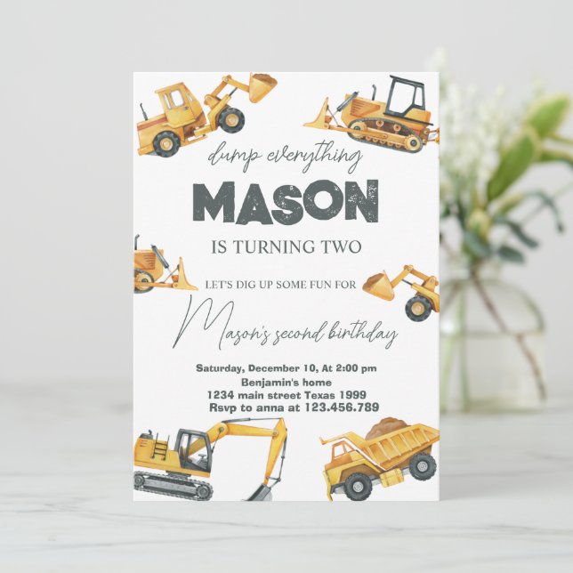 Dump Alles Bauen Geburtstag Einladung (Stehend Vorderseite)