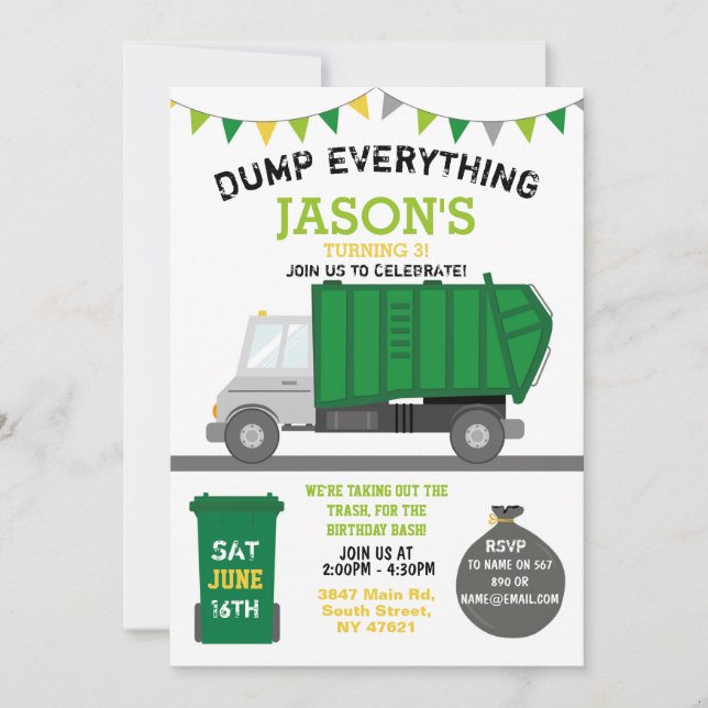 Dump Everything Fun Rubbish Truck Birthday Einladu Einladung (Vorderseite)