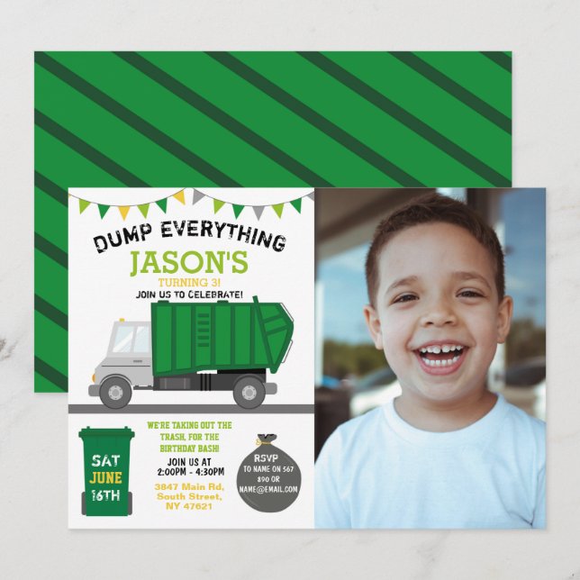 Dump Everything Fun Rubbish Truck Birthday Foto Einladung (Vorne/Hinten)