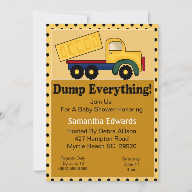 Dump Truck Thema Kinderdusche Einladung (Vorderseite)