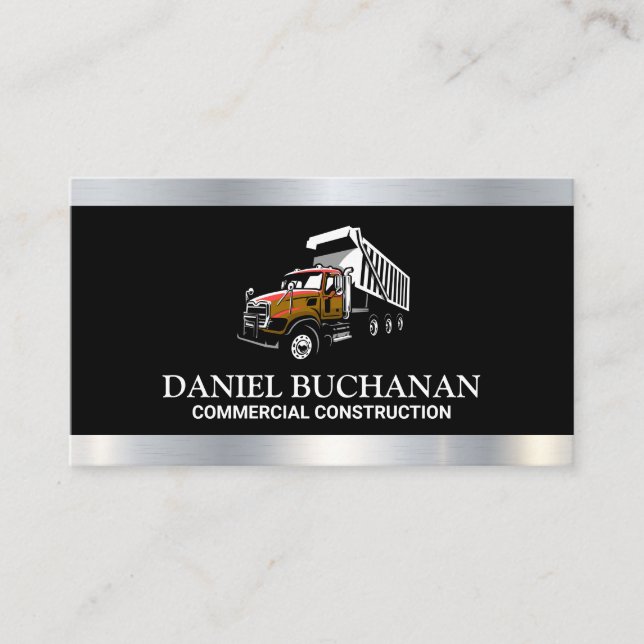 Dump Truck Work Vehicle | Metal Trim Style Visitenkarte (Vorderseite)