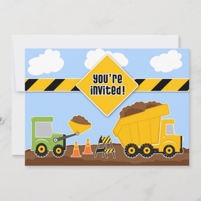 Dump Trucks Construction Birthday Flat Einladung (Vorderseite)