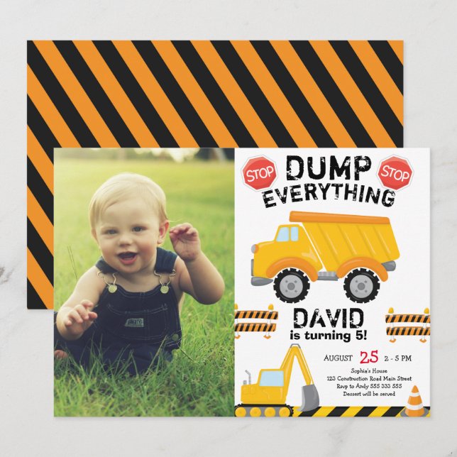 Dump Yellow Truck Bau Geburtstag mit Foto Einladung (Vorne/Hinten)