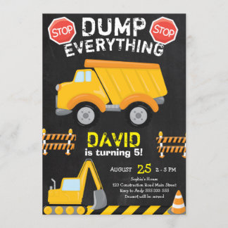 Dump Yellow Truck Construction Birthday Chalkboard Einladung