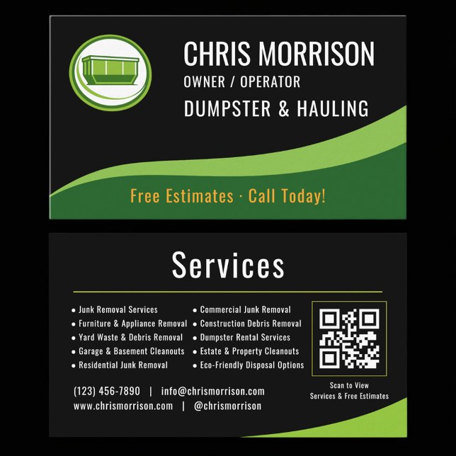 Dumpster and Hauling QR Code Business Card Visitenkarte (Von Creator hochgeladen)