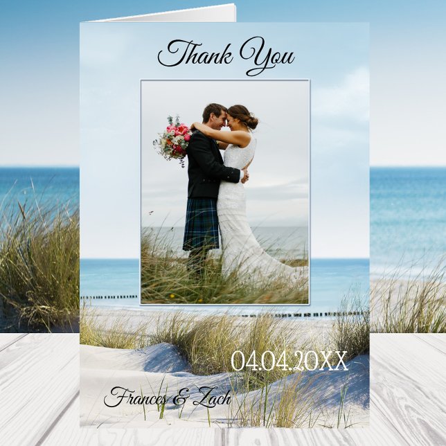 Dunes et Beach Wedding Photo Merci Note Card (Wedding Thank You note card featuring your own wedding photo framed by dunes overlooking a beach)