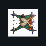 Dungeon Artifact Leinwanddruck<br><div class="desc">An intricate mystical device that merges ancient alchemy with precise geometry. This X-shaped artifact features a central bone-colored disc engraved with cryptic cuneiform, crowned by a massive star ruby. The frame is heavily inlaid with concentric malachite, deep blue lapis lazuli, and warm amber fragments. Four navigational star-compasses at the tips...</div>