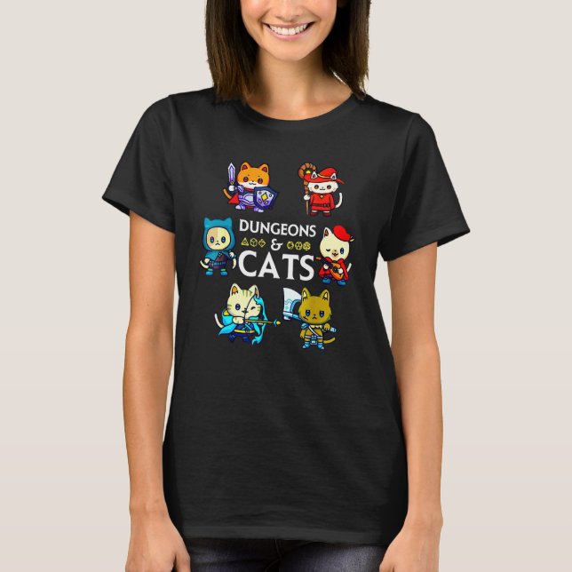 Dungeons and Cats RPG D20 Dice Nerdy Fantasy Gamer T-Shirt (Vorderseite)