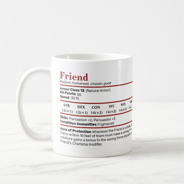 Dungeons & Dragons Friend BFF Stat Block Mug (Gauche)