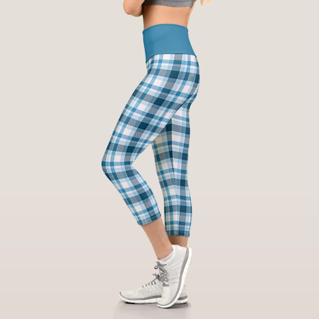 Dunkel Aquamarin Light Blue White Kariert Tartan K Capri Leggings (Links)