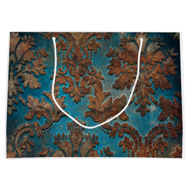 Dunkel Aquamarin und Patina Damask Große Geschenktüte (Vorderseite)