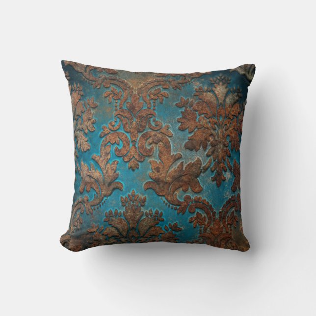 Dunkel Aquamarin und Patina Damask Kissen (Vorderseite)