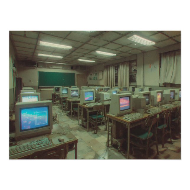 Dunkel beleuchtetes Retro-Computerlabor mit CRT-Bi Poster (Vorderseite)