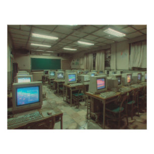 Dunkel beleuchtetes Retro-Computerlabor mit CRT-Bi Poster