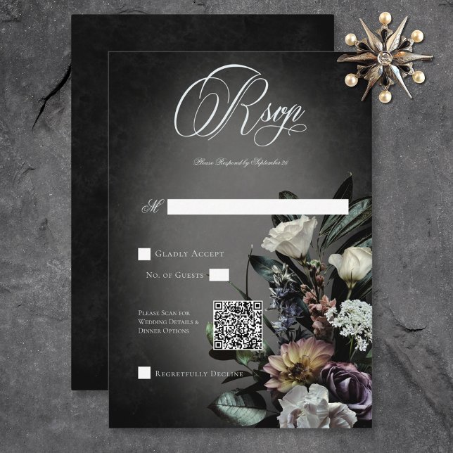 Dunkel-gotische geheimnisvolle, matte Bläschen QR- RSVP Karte (Dark Gothic Mysterious Muted Floral Blur QR Code RSVP Card)