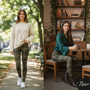 Dunkel Khaki Quadratkariertes Tartan-Gewebe Leggings