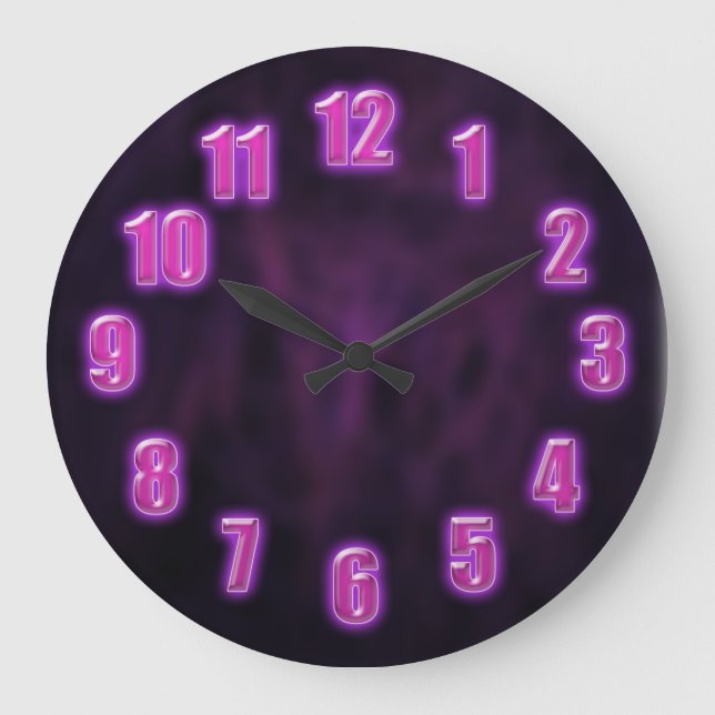 Dunkel lila mit leuchtenden Neonzahlen Große Wanduhr (Vorderseite)