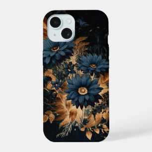 Dunkel Marineblau und Gold Rustikale Florale Boho iPhone 15 Hülle