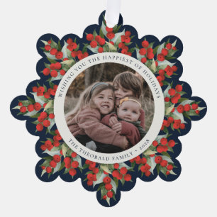 Dunkel marineblaue rote Beeren+Grünpflanzen Feiert Ornament Karte