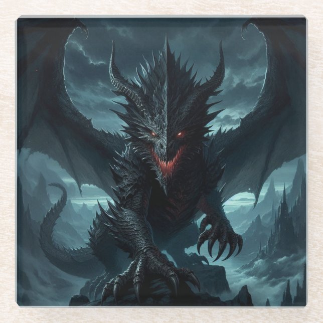 Dunkel, mittelalterlicher Drache Glasuntersetzer (Vorderseite)