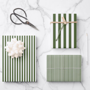 Dunkel moosgrün-weiße Streifen Geschenkpapier Set