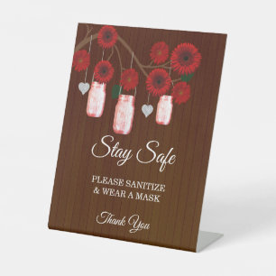 Dunkel-rustikale rote Blumen-Mason-Glas-Hochzeitss Sockelschild
