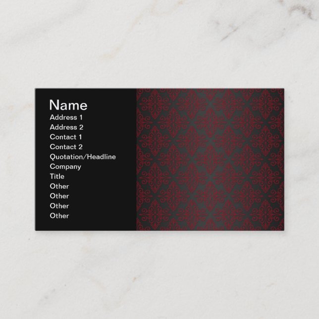 Dunkel Schwarz und Rot Damask Visitenkarte (Vorderseite)