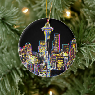 Dunkel sei die Nacht - Leuchtende Seattle Skyline Keramik Ornament