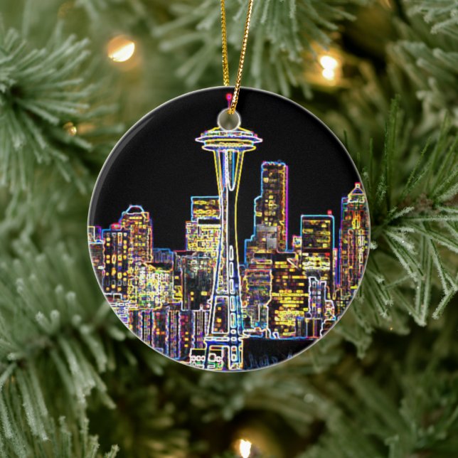 Dunkel sei die Nacht - Leuchtende Seattle Skyline Keramik Ornament (Baum)