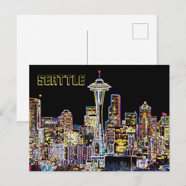 Dunkel sei die Nacht - Leuchtende Seattle Skyline Postkarte (Vorne/Hinten)