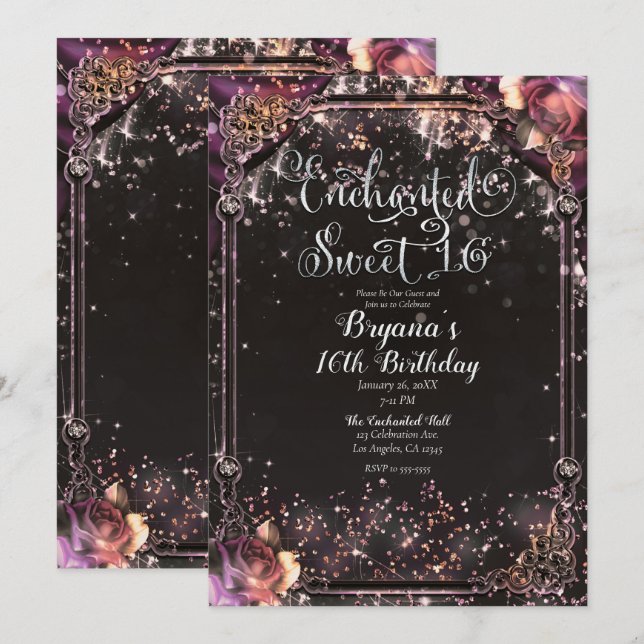 Dunkel Sparkle Glitzer Glam Lights Sweet 16 Party Einladung (Vorne/Hinten)