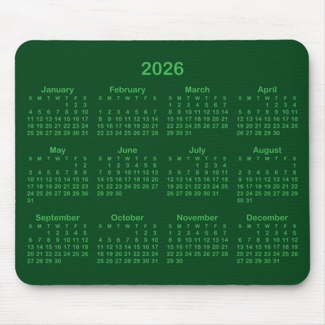 Dunkel- und Kelly-Grün 2026 Kalender Mousepad (Vorne)