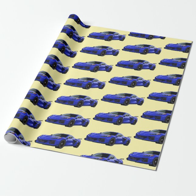 Dunkelblau C8 Corvette Sportwagen Handgezeichnet Geschenkpapier (Ungerollt)