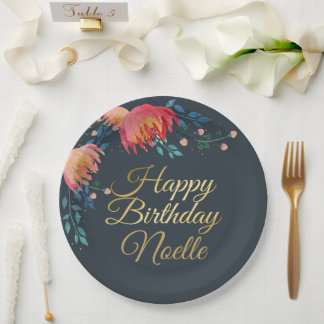 Dunkelblau, elegant, Whimsikale Blume, Goldakzent Pappteller