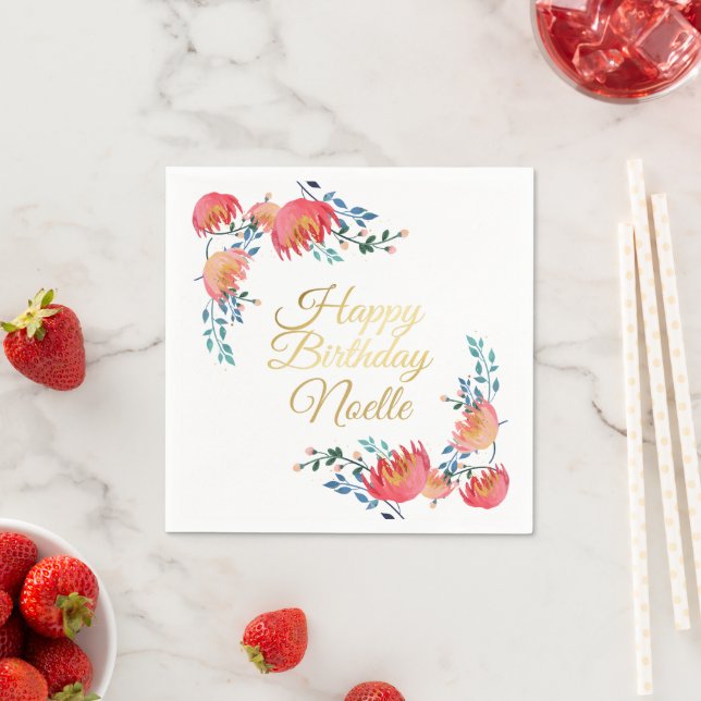 Dunkelblau, elegant, Whimsikale Blume, Goldakzent Serviette (Beispiel)