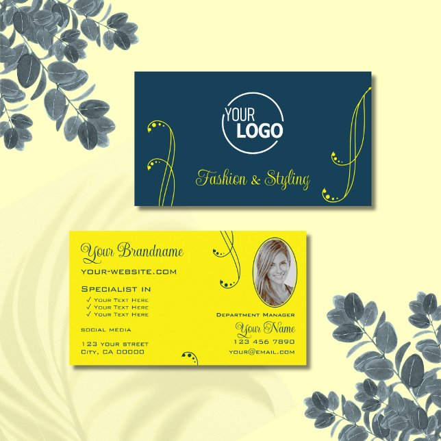 Dunkelblau Gelb Cool Verziert mit Logo und Foto Visitenkarte (Von Creator hochgeladen)
