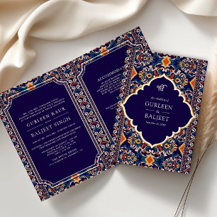Dunkelblau Gelb Ikat Sikh Hochzeit Overall Einladung