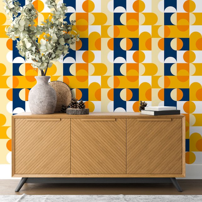 Dunkelblau-gelb-orangefarbene weiße Kreise Kunstmu Tapete (Von Creator hochgeladen)