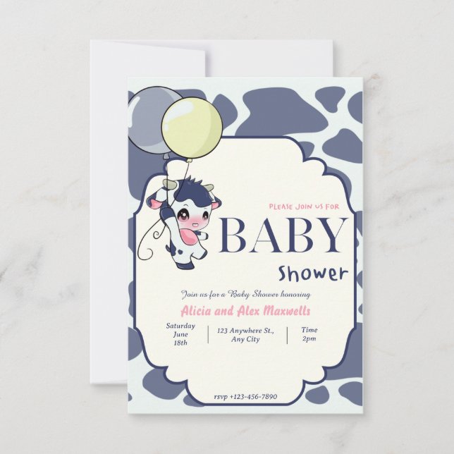 Dunkelblau Gelbe Kuh mit Balloon Baby Dusche Einladung (Vorderseite)