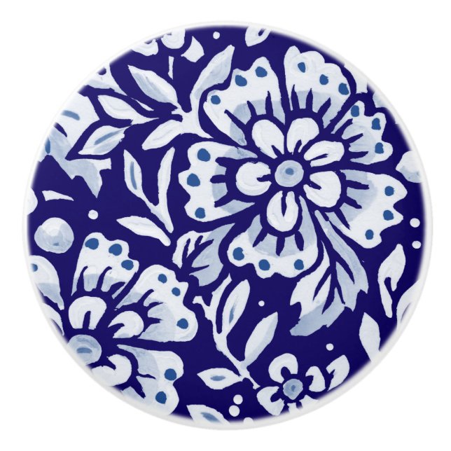 Dunkelblau Große Blumenmuster Holz Navy Cerami Keramikknauf (Vorderseite)